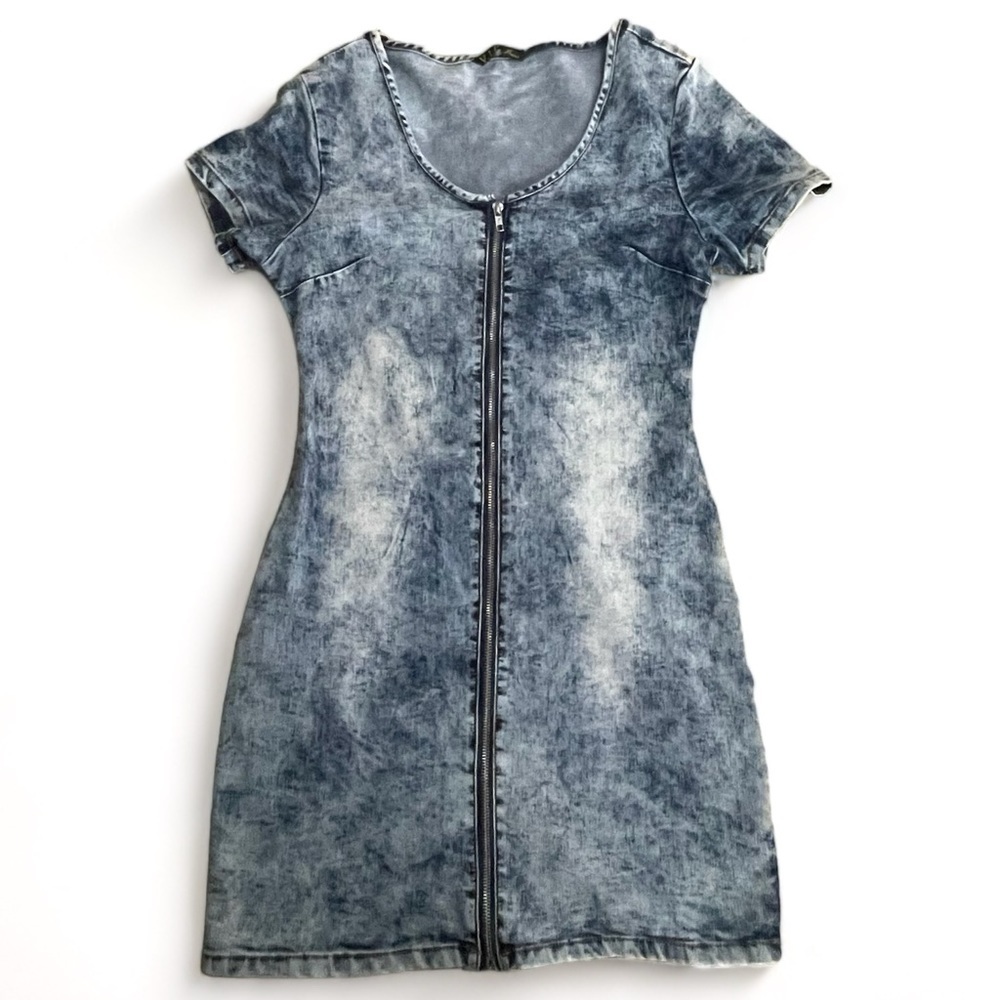 VIP Stretchy Denim Zip Up Dress Y2K L XL Body-con Vintage‎ VTG Party Festival